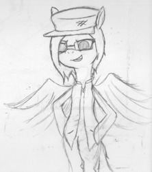 Size: 1024x1153 | Tagged: safe, artist:aeropegasus, oc, oc only, oc:aero pegasus, pegasus, pony, cap, clothes, female, flying, glasses, grin, hat, hooves on hips, looking down, simple background, sketch, smiling, vest, white background