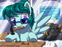 Size: 800x600 | Tagged: safe, artist:rangelost, oc, oc only, oc:cloudy bits, pegasus, pony, blueprint, box, cloud, cloud storage, dropping box, female, glasses, hammer, mare, mouth hold, nails, patreon, patreon reward, pixel art, prototype, signature, solo, stormcloud, underhoof, workshop