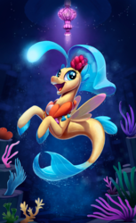 Size: 1500x2444 | Tagged: safe, artist:tsitra360, princess skystar, seapony (g4), my little pony: the movie, coral, female, fins, happy, open mouth, seaquestria, seashell, seashell necklace, seaweed, smiling, solo, underwater