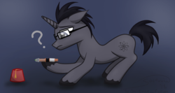 Size: 1500x800 | Tagged: safe, artist:soctavia, oc, oc only, oc:smart glasses, pony, unicorn, confused, doctor who, fez, glasses, hat, male, question mark, simple background, sonic screwdriver