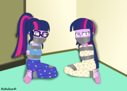 Size: 1057x755 | Tagged: safe, artist:robukun, sci-twi, twilight sparkle, equestria girls, g4, bondage, bound and gagged, clothes, duality, gag, help us, pajamas, self paradox, slippers, tape gag, tied up, twolight