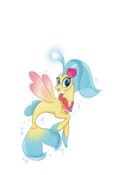 Size: 1184x1679 | Tagged: safe, princess skystar, seapony (g4), g4, my little pony: the movie, bubble, clothes, dorsal fin, eyelashes, female, fin, fin wings, fins, fish tail, flower, flower in hair, flowing mane, flowing tail, jewelry, looking at you, necklace, ocean, pearl necklace, scales, seashell necklace, see-through, simple background, smiling, solo, species swap, swimming, tail, transparent background, underwater, vector, water, wings
