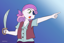 Size: 1000x667 | Tagged: safe, artist:empyu, sweetie belle, equestria girls, g4, 30 minute art challenge, clothes, cutlass, eyepatch, female, open mouth, pirate, pointing, solo, sword, weapon