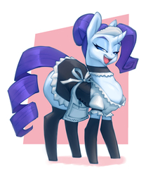 Size: 711x816 | Tagged: safe, artist:bigdad, rarity, pony, unicorn, g4, clothes, female, maid, mare, open mouth, puffed chest, simple background, smiling, solo, stockings, thigh highs