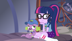 Size: 3840x2160 | Tagged: safe, artist:phucknuckl, sci-twi, spike, spike the regular dog, twilight sparkle, dog, equestria girls, g4, my little pony equestria girls: legend of everfree, bed, camp everfree outfits, cap, clothes, collar, glasses, hat, high res, pillow, ponytail, shirt, shorts, smiling, spiked collar
