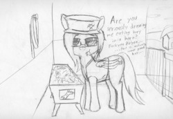 Size: 1024x704 | Tagged: safe, artist:aeropegasus, oc, oc only, oc:aero pegasus, pegasus, pony, barn, cap, clothes, doing horse things, eating, eating hay, female, glasses, hat, hay, herbivore, looking at you, sketch, solo, stable, text, traditional art, vest