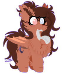 Size: 1024x1200 | Tagged: safe, artist:vanillaswirl6, oc, oc only, oc:shiloh, bat pony, pony, bandage, chest fluff, chibi, cute, cute little fangs, fangs, female, fluffy, heterochromia, hoof fluff, mare, mouth hold, no pupils, raised hoof, simple background, solo, transparent background