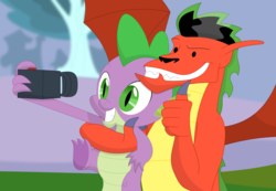 Size: 1024x709 | Tagged: safe, artist:porygon2z, spike, dragon, g4, american dragon jake long, camera, crossover, disney, jake long, selfie, simple background, smiling, thumbs up, transparent background