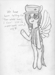 Size: 1024x1375 | Tagged: safe, artist:aeropegasus, oc, oc only, oc:aero pegasus, pegasus, pony, cap, clothes, female, flying, glasses, happy, hat, simple background, sketch, solo, text, traditional art, vest, white background