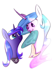 Size: 752x1063 | Tagged: safe, artist:sunbeampaintings, artist:underpable, princess celestia, princess luna, alicorn, pony, g4, :p, collaboration, curved horn, cute, cutelestia, duo, horn, long neck, looking at each other, lunabetes, royal sisters, silly, simple background, tongue out, transparent background, weapons-grade cute