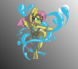 Size: 1600x1422 | Tagged: safe, artist:niggerdrawfag, fluttershy, pegasus, pony, fighting is magic, g4, alternate hairstyle, armpits, badass, balancing, chun li, clothes, fighting stance, flutterbadass, gradient background, martial arts, one wing out, spiked wristband, standing, standing on one leg, street fighter, wristband