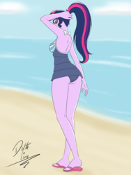 Size: 1500x2000 | Tagged: safe, artist:deltalima, sci-twi, twilight sparkle, equestria girls, equestria girls specials, g4, my little pony equestria girls: better together, my little pony equestria girls: forgotten friendship, arm behind head, ass, beach, blushing, breasts, butt, clothes, dress, feet, female, glasses, legs, looking back, one-piece swimsuit, ponytail, sandals, sci-twi swimsuit, sci-twibutt, skirt, skirt lift, solo, striped swimsuit, swimsuit, twibutt, upskirt