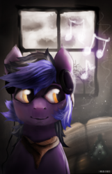 Size: 1800x2800 | Tagged: safe, artist:kaine, oc, oc only, pony, headphones, male, music notes, solo, tree, window