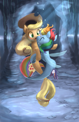Size: 600x925 | Tagged: safe, artist:bakuel, applejack, rainbow dash, earth pony, pegasus, pony, seapony (g4), g4, applejack's hat, blushing, boop, bubble, clothes, cowboy hat, cute, dorsal fin, duo, eyes closed, female, fin, fin wings, fins, fish tail, flowing mane, flowing tail, hat, holding hooves, lesbian, mare, ocean, open mouth, rainbutt dash, scales, seaponified, seapony applejack, seapony rainbow dash, seaquestria, seaweed, see-through, ship:appledash, shipping, smiling, species swap, surprised, swimming, tail, underwater, water, wings