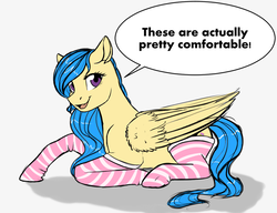 Size: 1024x787 | Tagged: safe, artist:fairdahlia, oc, oc only, pegasus, pony, clothes, female, kneesocks, lying, mare, prone, simple background, socks, solo, striped socks, white background