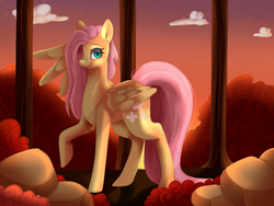 Size: 1400x1050 | Tagged: safe, artist:cecilycabbage, fluttershy, pegasus, pony, g4, cute, female, hair over one eye, happy, mare, raised hoof, shyabetes, smiling, solo, spread wings, tree, wings