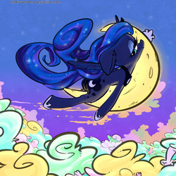 Size: 3000x3000 | Tagged: safe, artist:itsalwayspony, princess luna, alicorn, pony, sheep, g4, female, high res, lidded eyes, looking at you, looking back, mare, moon, night, tangible heavenly object