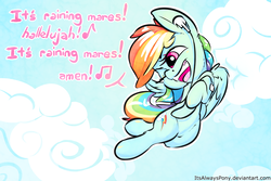 Size: 2418x1620 | Tagged: safe, artist:itsalwayspony, rainbow dash, pony, g4, cute, dashabetes, earbuds, female, flying, implied lesbian, it's raining men, lyrics, one eye closed, open mouth, singing, smiling, solo, song reference, text, the weather girls