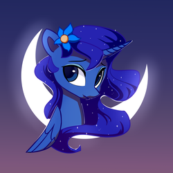 Size: 3000x3005 | Tagged: safe, artist:lilfunkman, princess luna, alicorn, pony, g4, bust, crescent moon, curved horn, cute, female, flower, flower in hair, gradient background, high res, horn, looking at you, lunabetes, mare, moon, portrait, solo