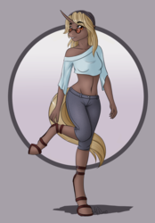 Size: 1464x2105 | Tagged: safe, artist:fairdahlia, oc, oc only, oc:hipster amps, unicorn, anthro, unguligrade anthro, adorasexy, anthro oc, belly button, breasts, clothes, cute, female, gift art, glasses, hoof shoes, mare, midriff, off shoulder, raised leg, sexy, solo, standing, standing on one leg