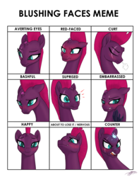 Size: 746x945 | Tagged: safe, artist:brisineo, fizzlepop berrytwist, tempest shadow, g4, my little pony: the movie, angry, blushing, blushing profusely, broken horn, cute, embarrassed, expressions, horn, meme, multiple variants, red face, smiling, sweat, tempestbetes