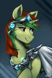 Size: 1000x1500 | Tagged: safe, artist:varllai, oc, oc only, oc:northern spring, pony, unicorn, crown, female, freckles, jewelry, looking at something, looking back, looking offscreen, mare, regalia, signature, solo, ych result