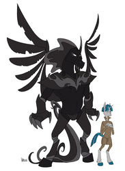 Size: 876x1200 | Tagged: safe, artist:ursa, pony of shadows, stygian, anthro, unguligrade anthro, g4, claws, clothes, colored hooves, darkness, duo, duo male, male, simple background, size difference, standing, white background