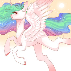 Size: 5000x5000 | Tagged: safe, artist:elven-ivy, princess celestia, pony, g4, absurd resolution, curved horn, female, horn, lidded eyes, missing accessory, smiling, solo, spread wings, wings