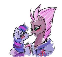 Size: 550x507 | Tagged: dead source, safe, artist:candasaurus, fizzlepop berrytwist, tempest shadow, twilight sparkle, pony, g4, my little pony: the movie, blushing, clothes, female, food, hoodie, lesbian, mouth hold, pocky, pocky game, ship:tempestlight, shipping, simple background, white background