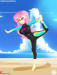 Size: 2300x3000 | Tagged: safe, artist:minusclass, fluttershy, equestria girls, equestria girls series, forgotten friendship, g4, ankles, balancing, barefoot, beach, clothes, feet, female, flexible, fluttershy's wetsuit, high res, ocean, patreon, patreon logo, sand, solo, wetsuit
