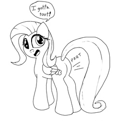 Size: 1242x1265 | Tagged: safe, artist:platypus-the-pony, fluttershy, pony, g4, butt, fart, fart noise, female, monochrome, onomatopoeia, plot, simple background, solo, sound effects, white background