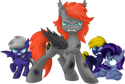 Size: 1170x793 | Tagged: source needed, useless source url, safe, artist:vinylbecks, oc, oc only, oc:dusk, oc:grem, oc:midnight, oc:vera, bat pony, pony, angry, bat pony oc, bruised, colt, fanfic, fanfic art, female, filly, male, mare, protecting, scared, simple background, squint, transparent background