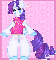 Size: 2688x2923 | Tagged: safe, artist:bunxl, rarity, anthro, semi-anthro, unguligrade anthro, g4, arm hooves, cheongsam, clothes, female, heart, heart eyes, high res, solo, starry eyes, wingding eyes