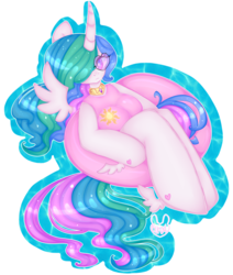 Size: 2549x3000 | Tagged: safe, artist:bunxl, princess celestia, anthro, semi-anthro, unguligrade anthro, g4, anatomically incorrect, arm hooves, breasts, clothes, color porn, eyestrain warning, female, glasses, heart shaped glasses, high res, incorrect leg anatomy, inner tube, one-piece swimsuit, simple background, solo, sparkly mane, sparkly tail, starry eyes, swimsuit, tail, transparent background, wingding eyes