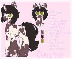 Size: 2558x2117 | Tagged: safe, artist:bunxl, oc, oc only, oc:bunny, pony, unicorn, coat markings, heart, heart eyes, high res, pinto, reference sheet, wingding eyes