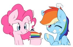 Size: 2048x1327 | Tagged: safe, artist:akainu_pony, pinkie pie, rainbow dash, g4, secrets and pies, cake, crying, food, simple background, tears of joy