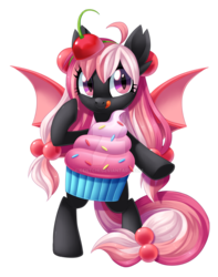 Size: 1024x1297 | Tagged: safe, artist:centchi, oc, oc only, oc:strawberry devilcake, bat pony, pony, bat pony oc, bipedal, clothes, costume, cupcake costume, female, food, food costume, mare, obtrusive watermark, simple background, solo, tongue out, transparent background, watermark
