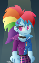 Size: 686x1090 | Tagged: safe, artist:snakeythingy, rainbow dash, equestria girls, friendship through the ages, g4, my little pony equestria girls: rainbow rocks, >:), evil smile, rainbow punk, rockstar, smiling, smirk