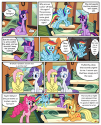 Size: 1250x1550 | Tagged: safe, artist:leffenkitty, applejack, fluttershy, pinkie pie, rainbow dash, rarity, twilight sparkle, pony, comic:prospect of tranquility, g4, comic, friendship express, mane six