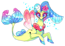 Size: 631x455 | Tagged: safe, artist:suippumato, princess skystar, seapony (g4), g4, my little pony: the movie, blue eyes, blue mane, blue tail, bubble, cute, digital art, dorsal fin, eyelashes, eyeshadow, female, fin, fin wings, fins, fish tail, flower, flower in hair, flowing mane, flowing tail, happy, jewelry, looking at you, makeup, necklace, ocean, open mouth, pearl necklace, scales, signature, simple background, smiling, smiling at you, solo, sparkles, swimming, tail, underwater, water, white background, wings