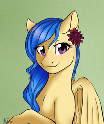 Size: 728x868 | Tagged: safe, artist:fairdahlia, oc, oc only, pegasus, pony, bust, female, flower, flower in hair, mare, portrait, smiling, solo