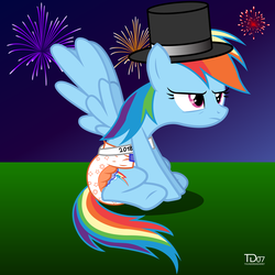 Size: 2000x2000 | Tagged: safe, artist:thunderdasher07, rainbow dash, pegasus, pony, g4, baby new year, diaper, female, fireworks, frown, grumpy, happy new year, hat, high res, holiday, non-baby in diaper, poofy diaper, sash, solo, top hat