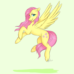 Size: 1024x1024 | Tagged: safe, artist:fairdahlia, fluttershy, pegasus, pony, g4, female, flying, mare, solo, tail between legs