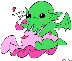 Size: 1000x846 | Tagged: safe, artist:earthenhoof, pinkie pie, earth pony, pony, g4, beady eyes, blushing, chibi, cthulhu, female, heart, lying down, male, monster, nom, open mouth, salivating, tentacles, text, wings
