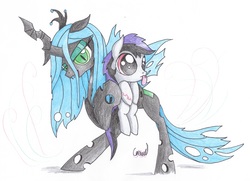 Size: 5878x4250 | Tagged: safe, artist:ethereal-desired, queen chrysalis, oc, changeling, changeling queen, g4, absurd resolution, duo, female, filly, hoof hold, mommy chrissy, simple background, tongue out, traditional art, white background