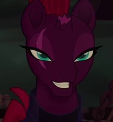 Size: 750x803 | Tagged: safe, screencap, tempest shadow, g4, my little pony: the movie, bedroom eyes, cropped, eye scar, grin, scar, smiling