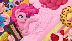 Size: 3840x2160 | Tagged: safe, artist:1jaz, pinkie pie, earth pony, pony, g4, cake, cookie, donut, female, food, high res, ice cream, looking back, mare, pie, smiling, solo, strawberry