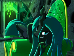 Size: 2000x1500 | Tagged: safe, artist:phoenixperegrine, queen chrysalis, changeling, changeling queen, g4, changeling hive, couch, crown, evil smile, fangs, female, grin, jewelry, looking at you, regalia, smiling, solo