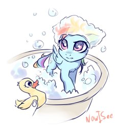 Size: 756x824 | Tagged: safe, artist:inowiseei, rainbow dash, human, pegasus, pony, g4, bath, bathtub, bubble, cute, dashabetes, disembodied hand, female, hand, mare, multicolored hair, offscreen character, offscreen human, rubber duck, simple background, soap bubble, white background