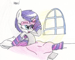 Size: 1950x1541 | Tagged: safe, artist:ethereal-desired, rarity, pony, unicorn, g4, bed, clothes, female, mare, morning ponies, open mouth, sleep mask, socks, solo, striped socks, traditional art, window